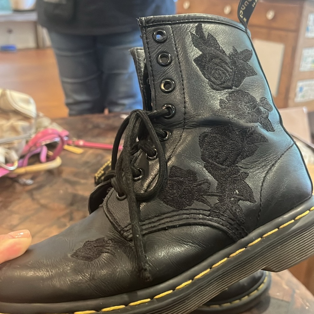 Dr. Martens Black Rose  Boots with Air-Cushioned Sole, Rose Print Embroidered